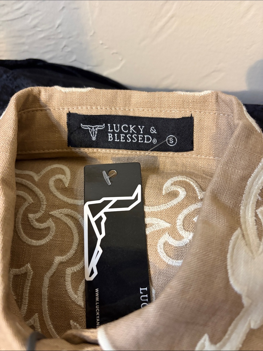 Lucky & Blessed Tan Top with White Swirl Embroidery. 19 p2p - Picture 6 of 6